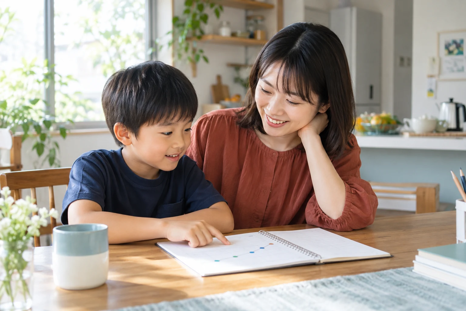 身長の記録を一緒に振り返る親子のイメージ
