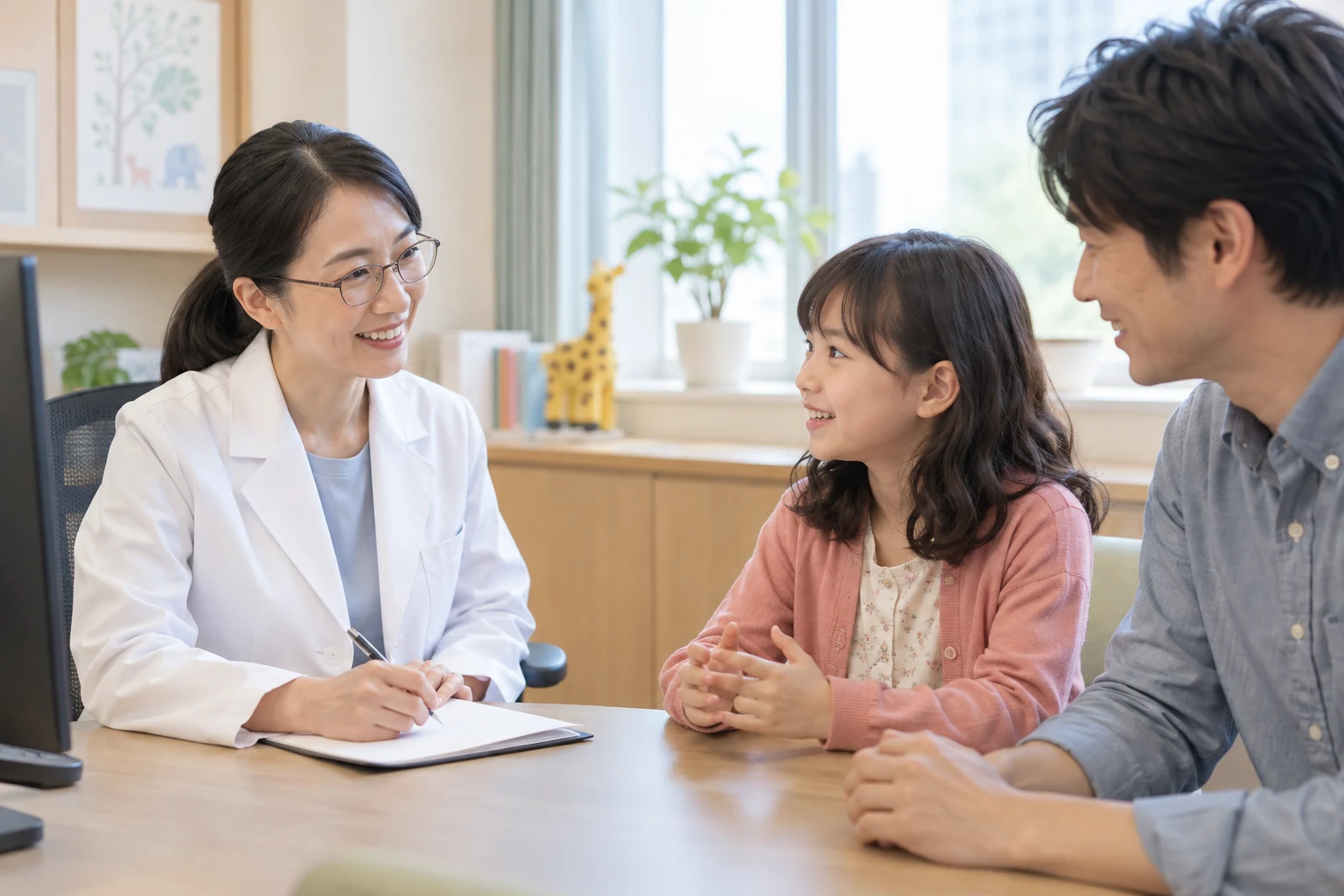 親子の相談を丁寧に聞く医師のイメージ