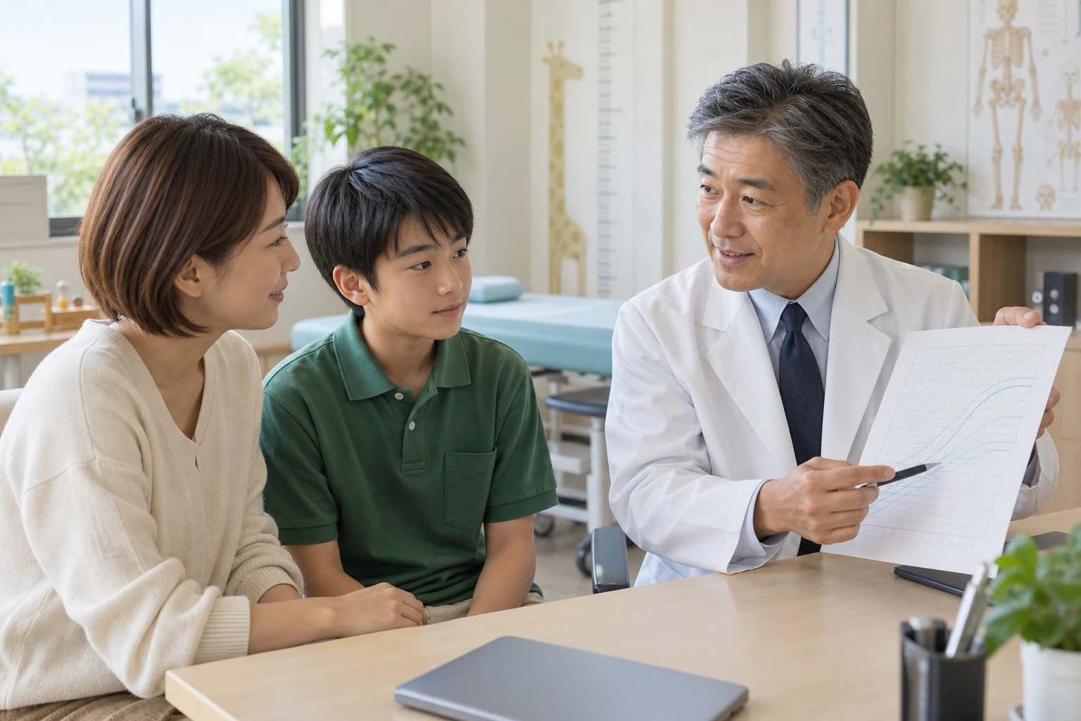 成長の記録と検査結果を確認する診察のイメージ