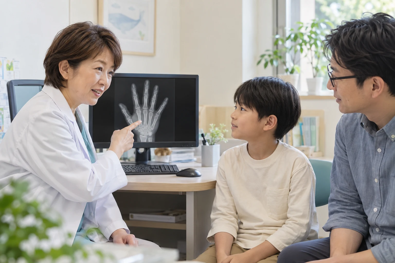 手のレントゲンについて説明を受ける親子のイメージ