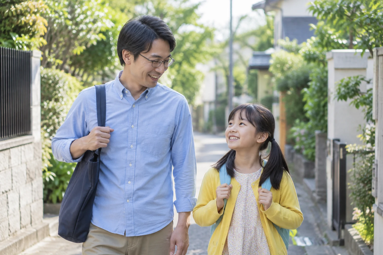 散歩しながら会話を楽しむ親子のイメージ