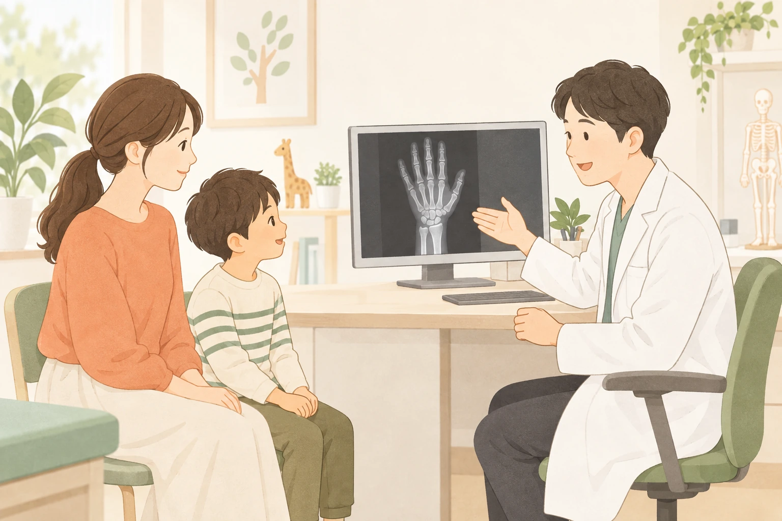 医師が親子に手のレントゲン画像を説明しているイラスト