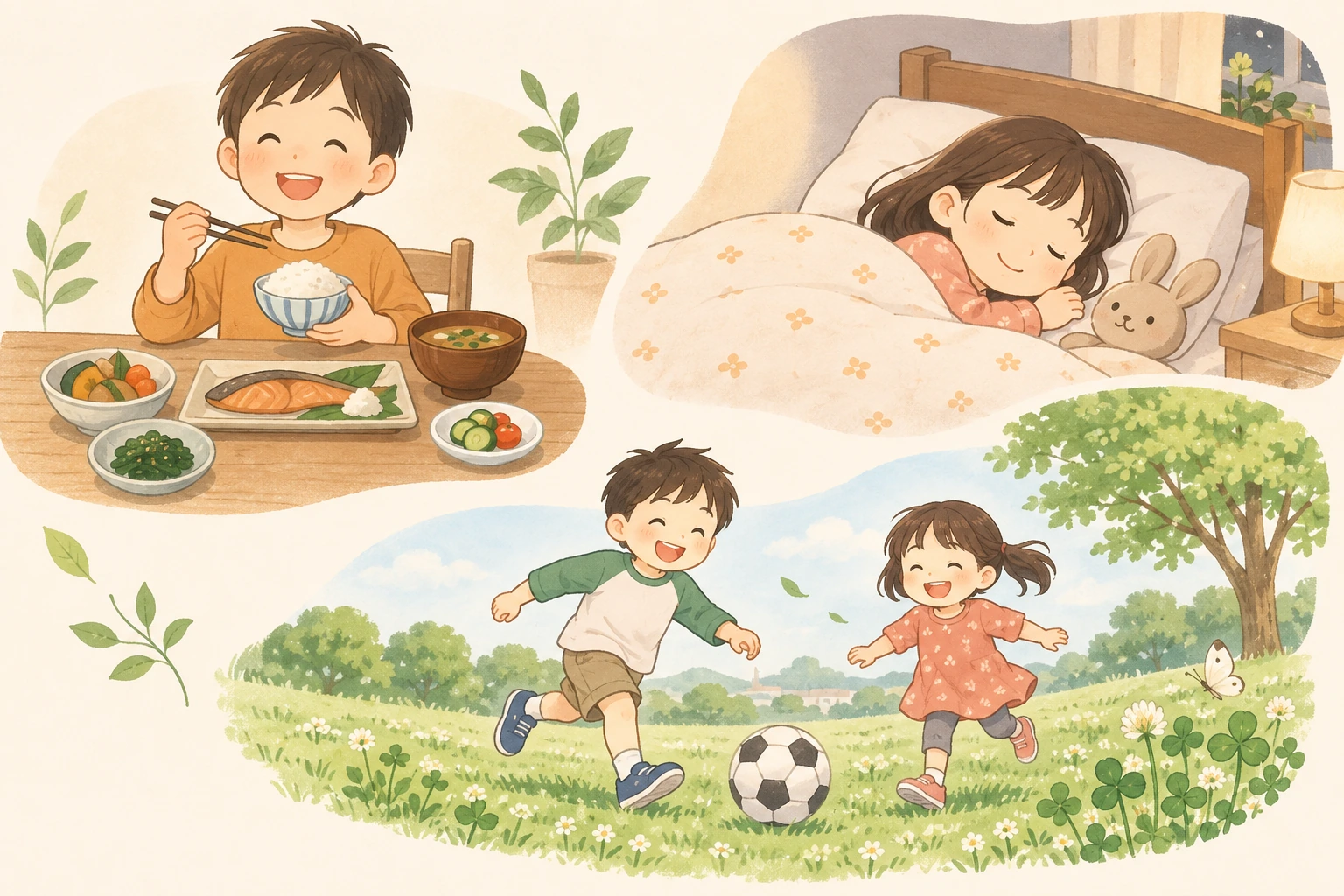 食事・睡眠・運動を通してお子さまの成長を支える生活習慣のイラスト