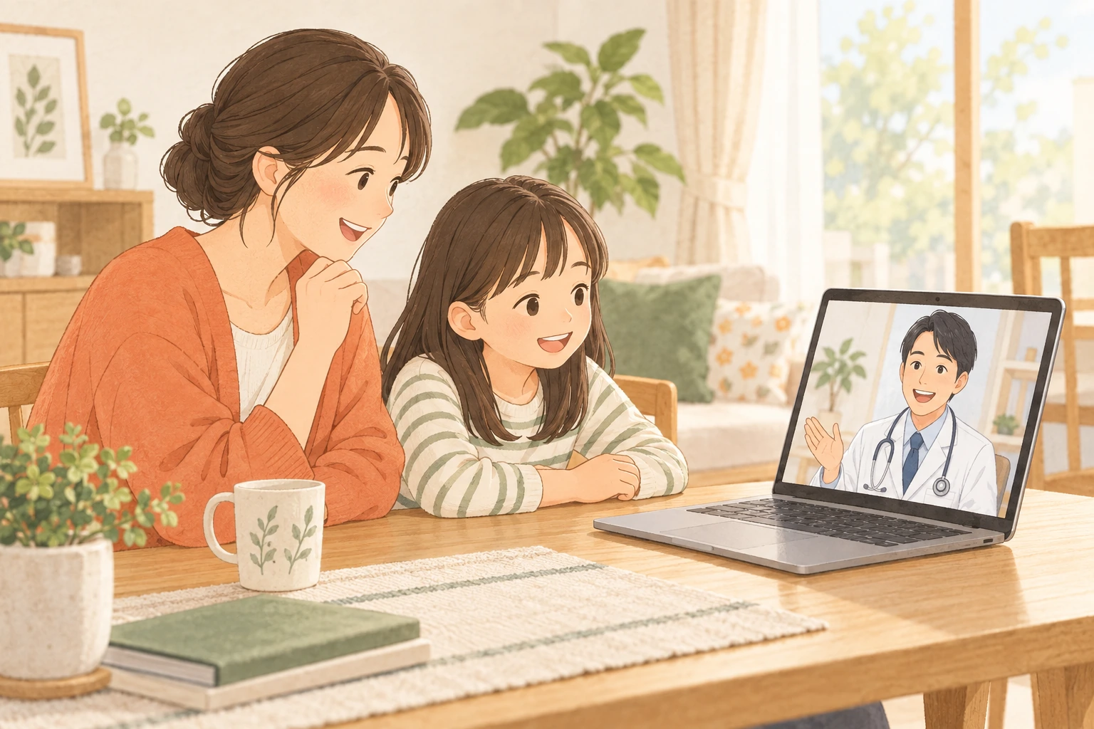 ご自宅から親子で医師のオンライン診察を受けるイラスト